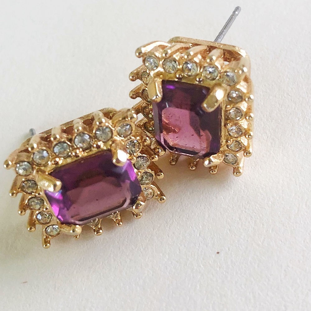 Gorgeous purple stone and cz earrings good tone